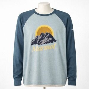Marmot Men's Long Sleeve Raglan Tee Graphic Mountain Sun Logo L Outdoor Casual